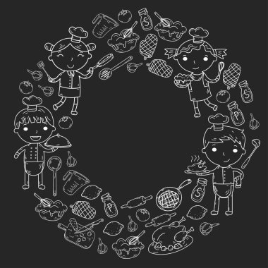 Beyaz arka planda mutfak çocuk yemek pişirme dersleri çocuklar sevimli çocuklar Şef