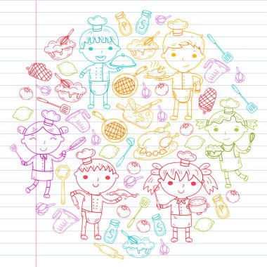 Beyaz arka planda mutfak çocuk yemek pişirme dersleri çocuklar sevimli çocuklar Şef