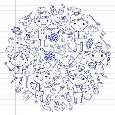 Beyaz arka planda mutfak çocuk yemek pişirme dersleri çocuklar sevimli çocuklar Şef