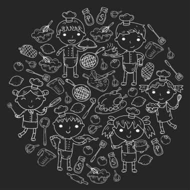 Beyaz arka planda mutfak çocuk yemek pişirme dersleri çocuklar sevimli çocuklar Şef