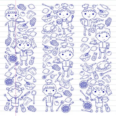 Beyaz arka planda mutfak çocuk yemek pişirme dersleri çocuklar sevimli çocuklar Şef