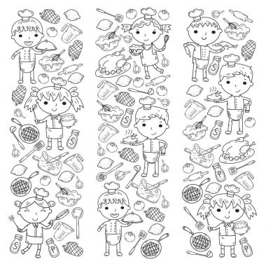 Sevimli çocuklar Şef beyaz arka planda çocuk mutfak çocuk yemek yemek ders boyama sayfası