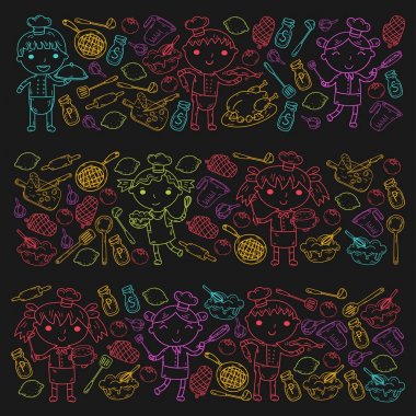 Beyaz arka planda mutfak çocuk yemek pişirme dersleri çocuklar sevimli çocuklar Şef