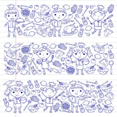 Beyaz arka planda mutfak çocuk yemek pişirme dersleri çocuklar sevimli çocuklar Şef