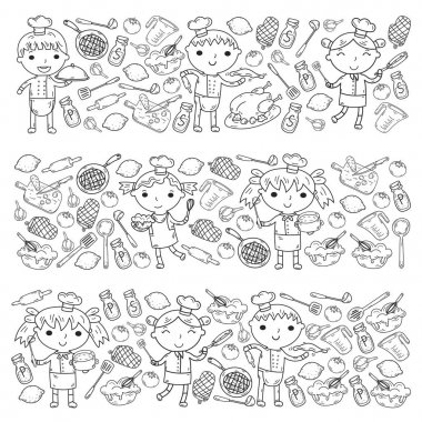 Sevimli çocuklar Şef beyaz arka planda çocuk mutfak çocuk yemek yemek ders boyama sayfası