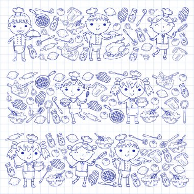 Beyaz arka planda mutfak çocuk yemek pişirme dersleri çocuklar sevimli çocuklar Şef