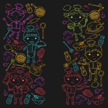 Beyaz arka planda mutfak çocuk yemek pişirme dersleri çocuklar sevimli çocuklar Şef