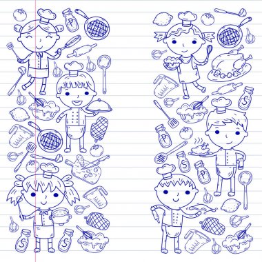 Beyaz arka planda mutfak çocuk yemek pişirme dersleri çocuklar sevimli çocuklar Şef