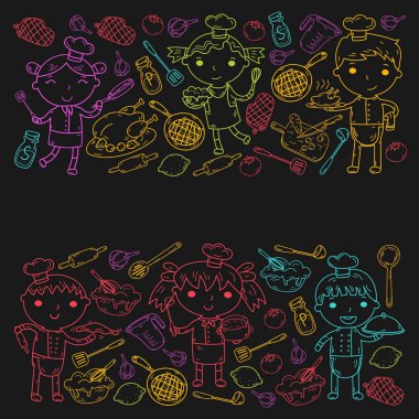 Beyaz arka planda mutfak çocuk yemek pişirme dersleri çocuklar sevimli çocuklar Şef