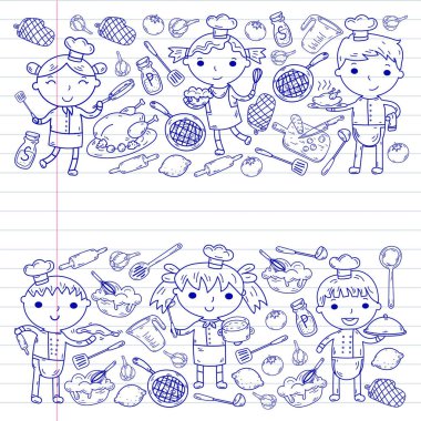 Beyaz arka planda mutfak çocuk yemek pişirme dersleri çocuklar sevimli çocuklar Şef