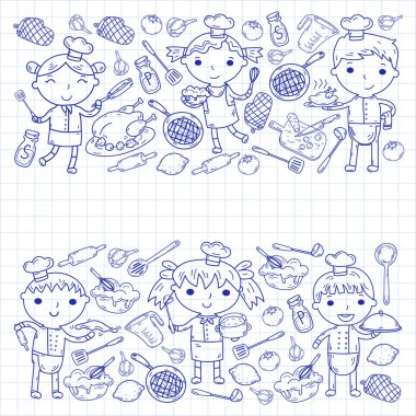 Beyaz arka planda mutfak çocuk yemek pişirme dersleri çocuklar sevimli çocuklar Şef