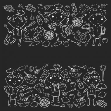 Beyaz arka planda mutfak çocuk yemek pişirme dersleri çocuklar sevimli çocuklar Şef