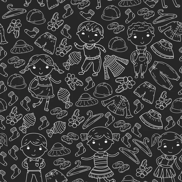 Set of Children clothing. Vector icons. Kindergarten. Nursery. Atelier. School clothing. Summer clothing. Kids store seamless pattern