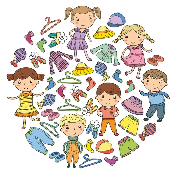 Conjunto de ropa para niños. Iconos vectoriales. Jardín de infantes. Guardería. Atelier. Ropa escolar. Ropa de verano. Tienda de niños — Vector de stock