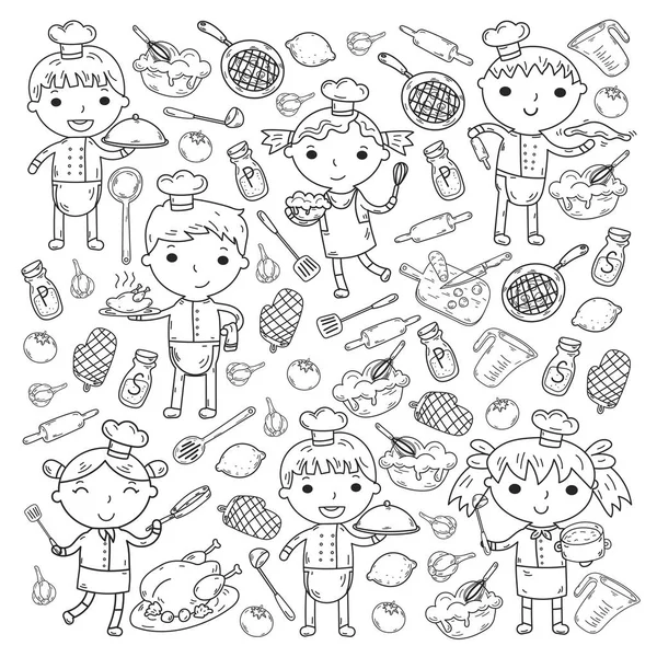 Cute Kids Chef sobre fondo blanco Niños cocinando Niños de cocina Lección de cocina Dibujo para colorear — Vector de stock