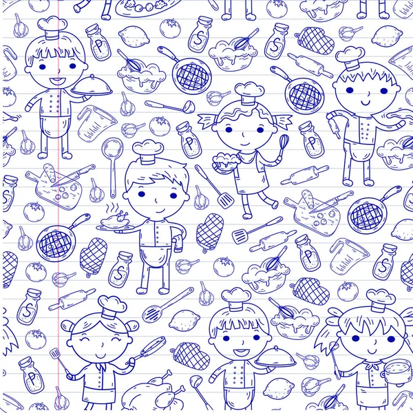 Cute Kids Chef on white background Children cooking Kitchen children Cooking lessons Seamless pattern
