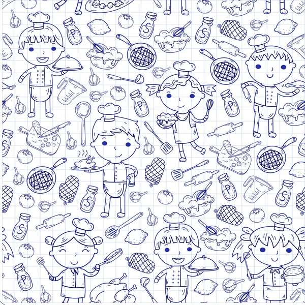 Cute Kids Chef on white background Children cooking Kitchen children Cooking lessons Seamless pattern