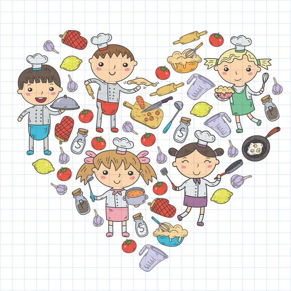 Bonito Chef crianças no fundo branco Crianças cozinha crianças Culinária aulas de culinária — Vetor de Stock