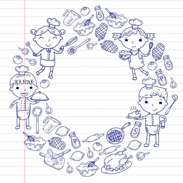 Beyaz arka planda mutfak çocuk yemek pişirme dersleri çocuklar sevimli çocuklar Şef