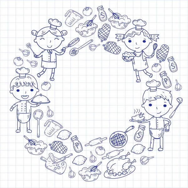 Beyaz arka planda mutfak çocuk yemek pişirme dersleri çocuklar sevimli çocuklar Şef