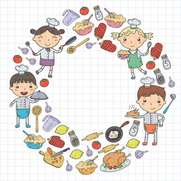 Cute Kids Chef sur fond blanc Cuisine enfants Cuisine enfants Cours de cuisine — Image vectorielle