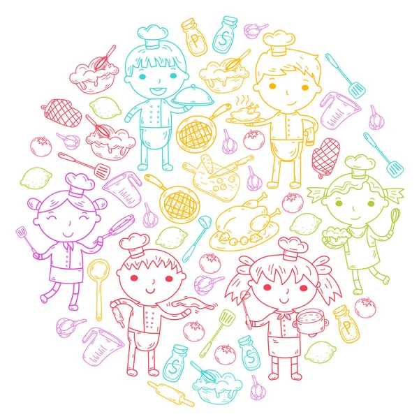 Cute Kids Chef sobre fondo blanco Niños cocinando Niños de cocina Clases de cocina — Vector de stock