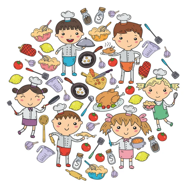 Cute Kids Chef sobre fondo blanco Niños cocinando Niños de cocina Clases de cocina — Vector de stock