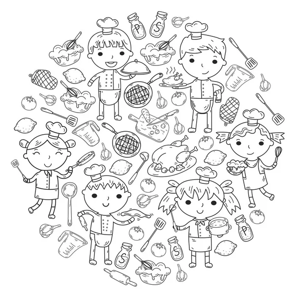 Cute Kids Chef sur fond blanc Cuisine enfants Cuisine enfants Cours de cuisine Coloriage — Image vectorielle