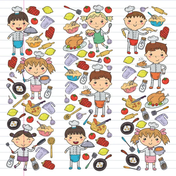 Cute Kids Chef su sfondo bianco Cucina bambini Cucina bambini Lezioni di cucina — Vettoriale Stock