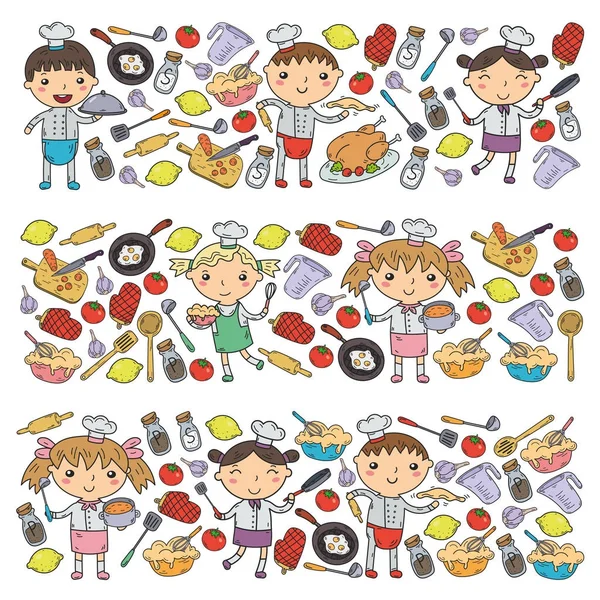 Cute Kids Chef sobre fondo blanco Niños cocinando Niños de cocina Clases de cocina — Vector de stock