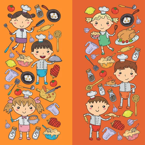 Cute Kids Chef sobre fondo blanco Niños cocinando Niños de cocina Clases de cocina — Vector de stock