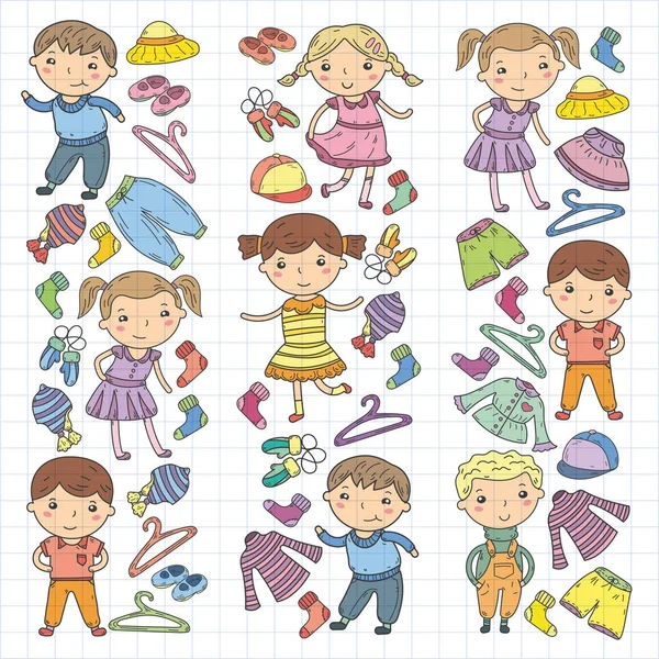 Set of Children clothing. Vector icons. Kindergarten. Nursery. Atelier. School clothing. Summer clothing. Kids store Stock Vector