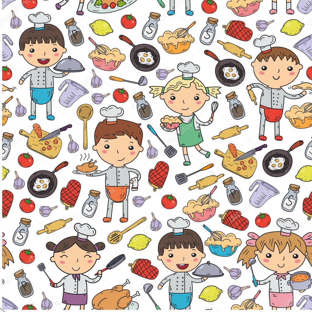 Cute Kids Chef on white background Children cooking Kitchen children Cooking lessons Seamless pattern
