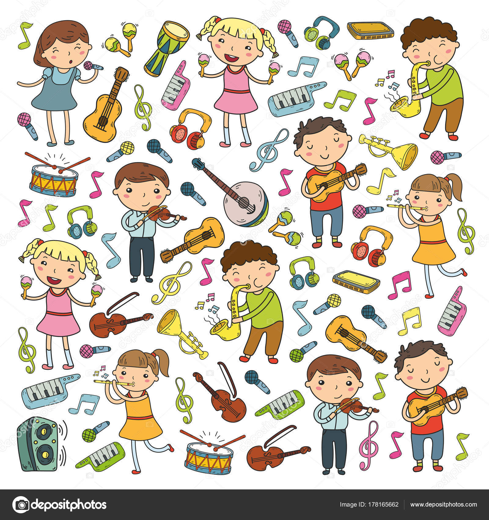 Music school for kids Vector illustration Children singing songs