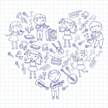 Müzik müzik aletleri anaokulu Doodle Icon collection çocukların müzik dersi için illüstrasyon iskambil şarkı, çocukları vektör çizim çocuklar için okul