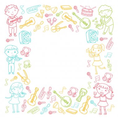 Müzik müzik aletleri anaokulu Doodle Icon collection çocukların müzik dersi için illüstrasyon iskambil şarkı, çocukları vektör çizim çocuklar için okul