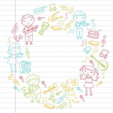 Müzik müzik aletleri anaokulu Doodle Icon collection çocukların müzik dersi için illüstrasyon iskambil şarkı, çocukları vektör çizim çocuklar için okul