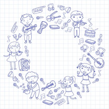 Müzik müzik aletleri anaokulu Doodle Icon collection çocukların müzik dersi için illüstrasyon iskambil şarkı, çocukları vektör çizim çocuklar için okul