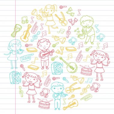 Müzik müzik aletleri anaokulu Doodle Icon collection çocukların müzik dersi için illüstrasyon iskambil şarkı, çocukları vektör çizim çocuklar için okul