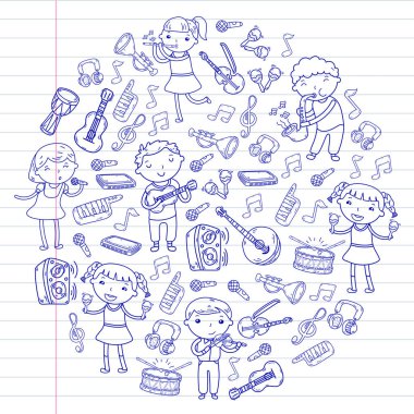 Müzik müzik aletleri anaokulu Doodle Icon collection çocukların müzik dersi için illüstrasyon iskambil şarkı, çocukları vektör çizim çocuklar için okul