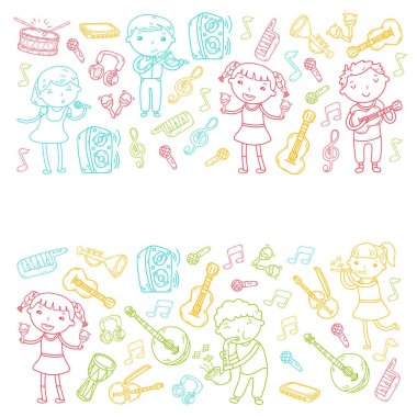 Müzik müzik aletleri anaokulu Doodle Icon collection çocukların müzik dersi için illüstrasyon iskambil şarkı, çocukları vektör çizim çocuklar için okul