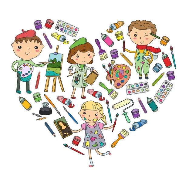 儿童创意幼稚园, 学校艺术男孩和女孩图画和绘画孩子艺术和设计学校 — 图库矢量图片