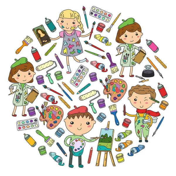 儿童创意幼稚园, 学校艺术男孩和女孩图画和绘画孩子艺术和设计学校 — 图库矢量图片