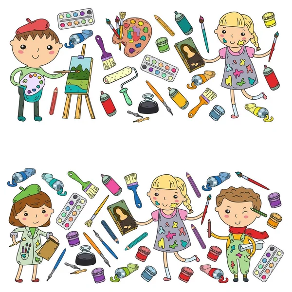 Gyermekek kreativitását óvoda, iskola művészeti fiúk és lányok, rajz és a festészet a képeket a gyermekek művészeti iskola — Stock Vector