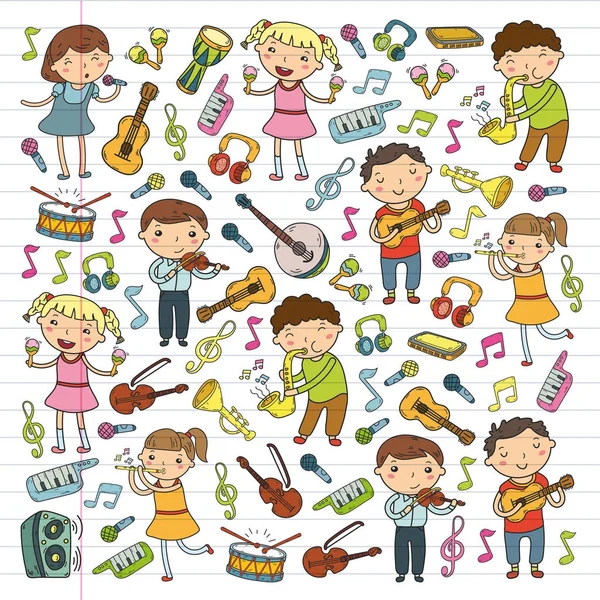 Scuola di musica per bambini Illustrazione vettoriale Bambini che cantano canzoni, suonano strumenti musicali Scuola materna Raccolta di icone Doodle Illustrazione per bambini lezione di musica — Vettoriale Stock