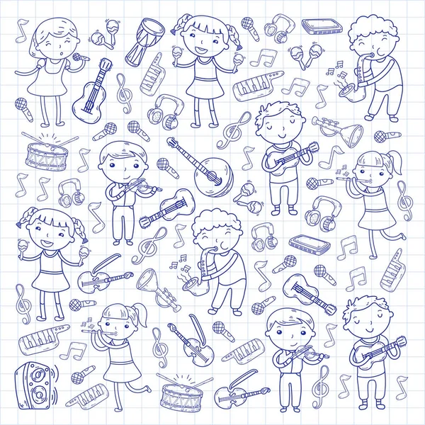 Escola de música para crianças Ilustração vetorial Crianças cantando músicas, tocando instrumentos musicais Coleção de ícones do jardim de infância Doodle Ilustração para crianças lição de música —  Vetores de Stock