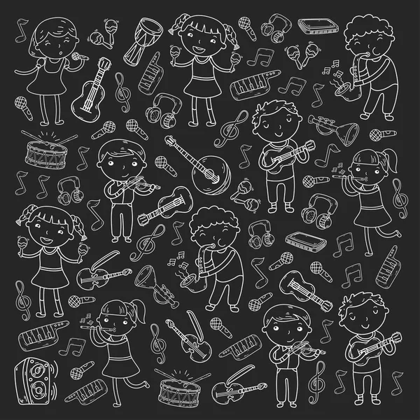 Muziek school voor kinderen vectorillustratie kinderen liedjes zingen, spelen muziekinstrumenten kleuterschool Doodle icoon collectie illustratie voor kinderen muziek les — Stockvector