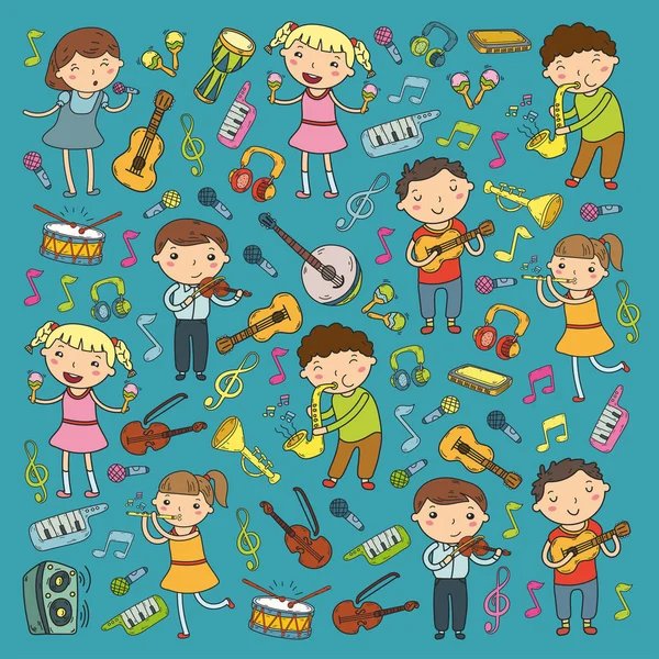 Escola de música para crianças Ilustração vetorial Crianças cantando músicas, tocando instrumentos musicais Coleção de ícones do jardim de infância Doodle Ilustração para crianças lição de música — Vetor de Stock