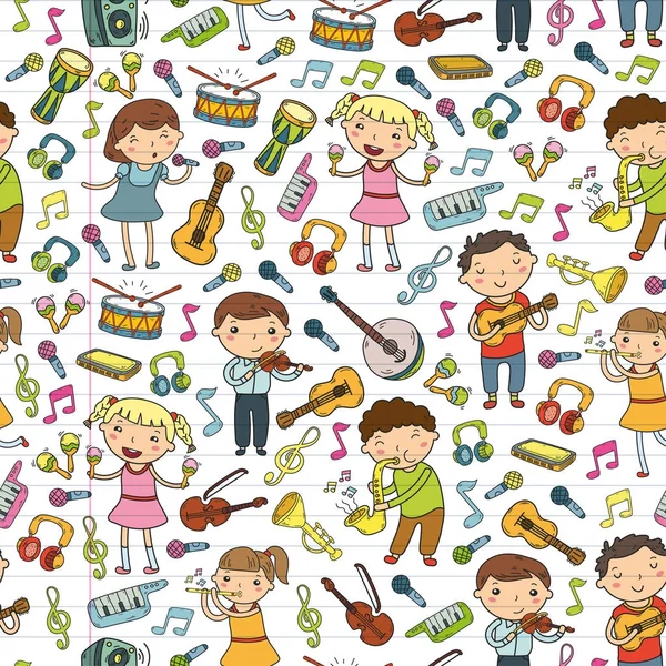 Escuela de música para niños Ilustración vectorial Canciones infantiles para cantar, tocar instrumentos musicales Jardines de infancia Colección de iconos de Doodle Ilustración para niños lección de música — Vector de stock