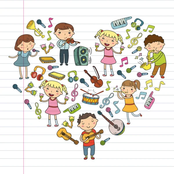 Scuola di musica per bambini Illustrazione vettoriale Bambini che cantano canzoni, suonano strumenti musicali Scuola materna Raccolta di icone Doodle Illustrazione per bambini lezione di musica — Vettoriale Stock